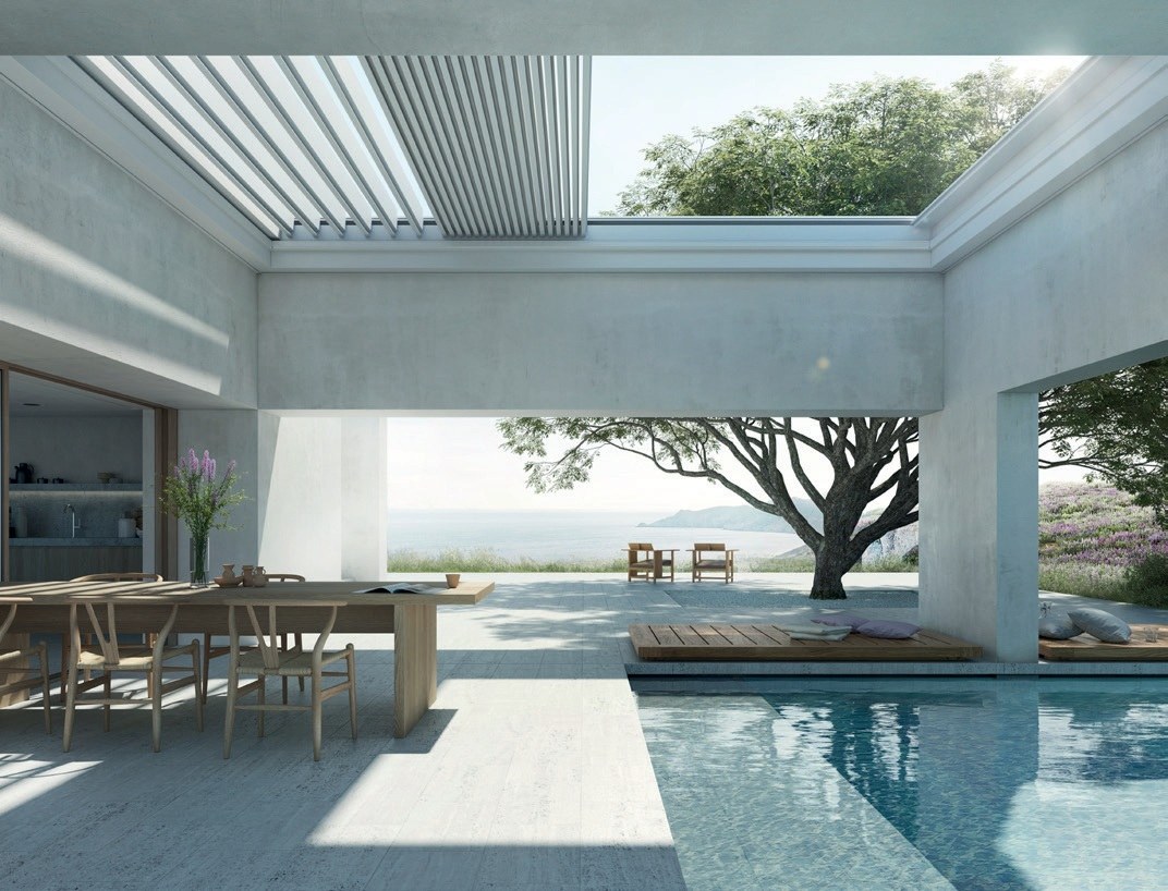 Lamellendach mit Lounge am Pool