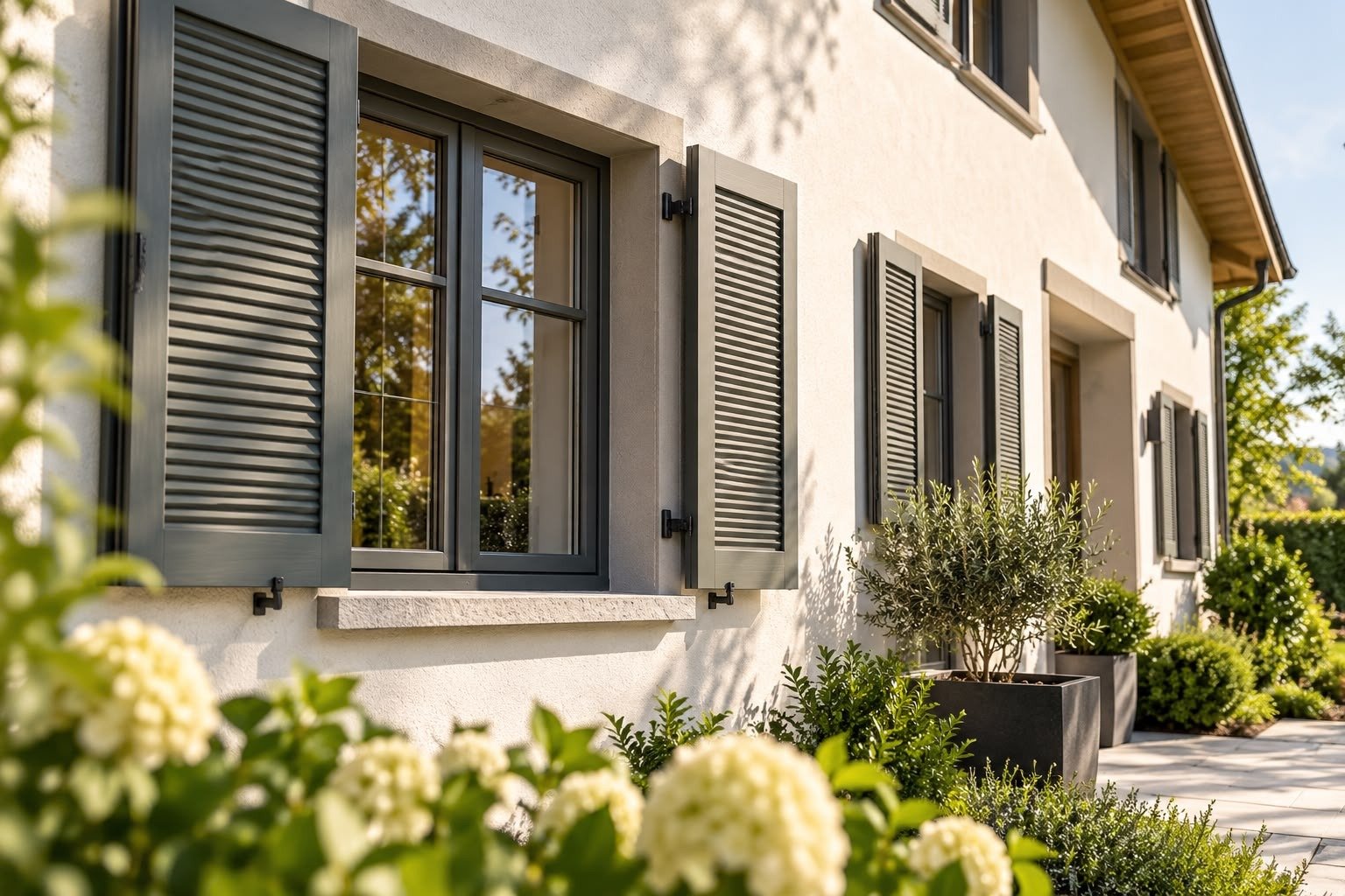 Graue Lamellen-Klappläden am modernen Wohnhaus