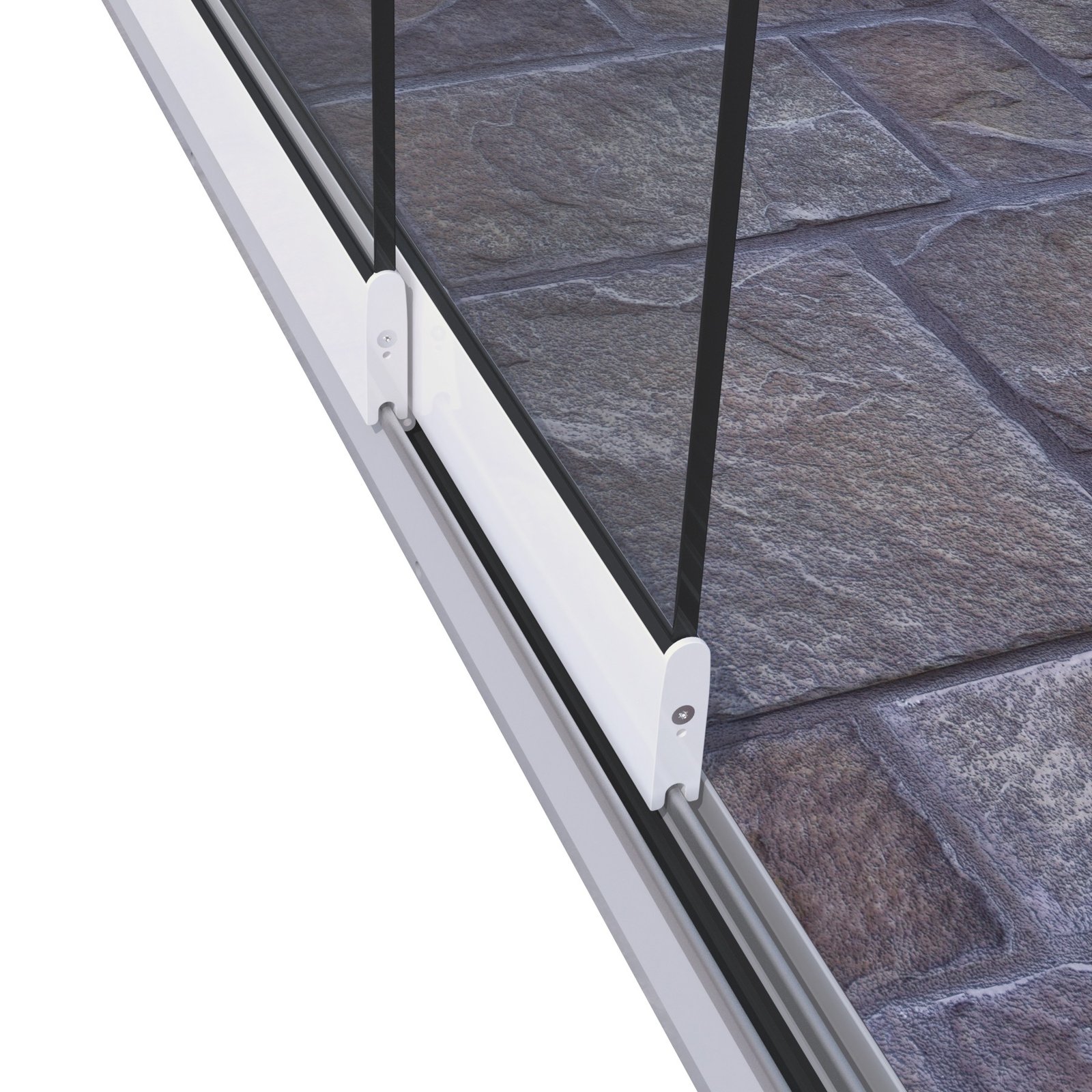 Glas-Schiebewand einer Terrassenüberdachung im Detail