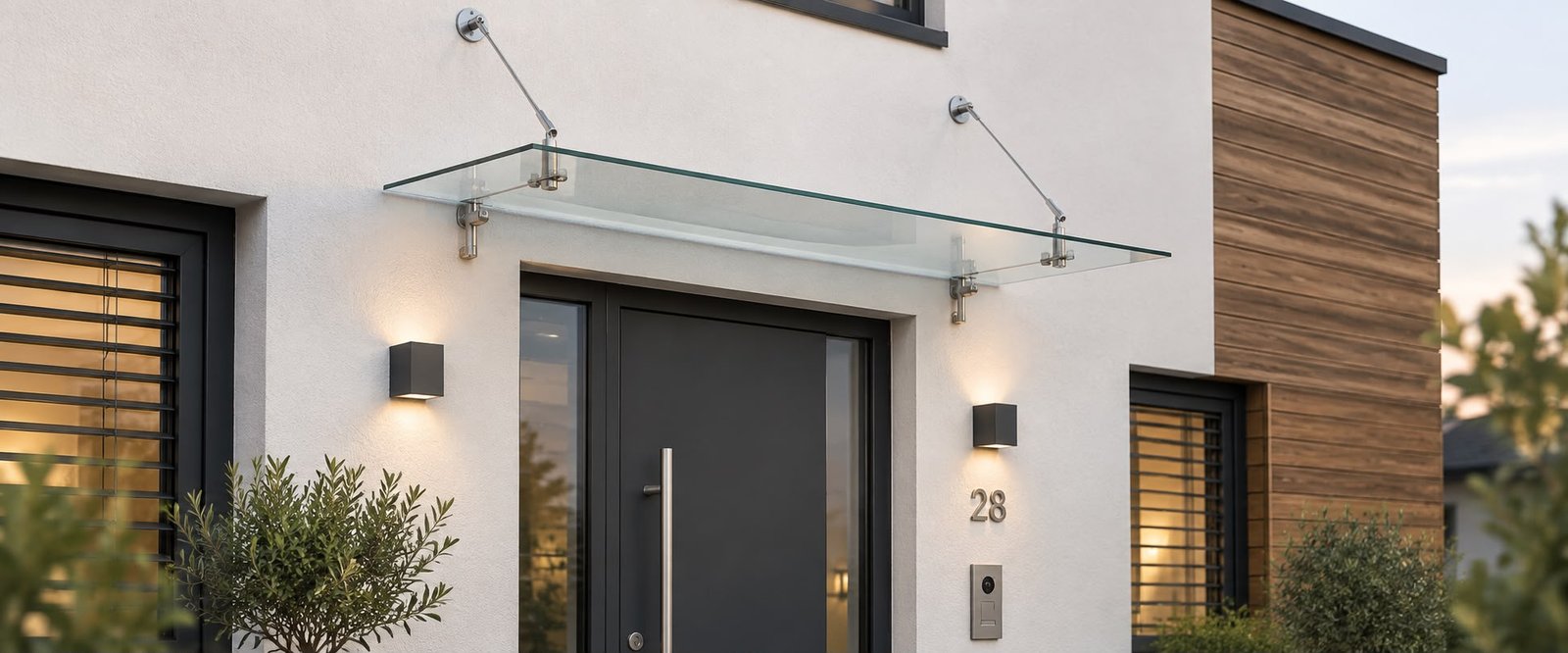 Glasvordach mit Zugstangen am modernen Eingang