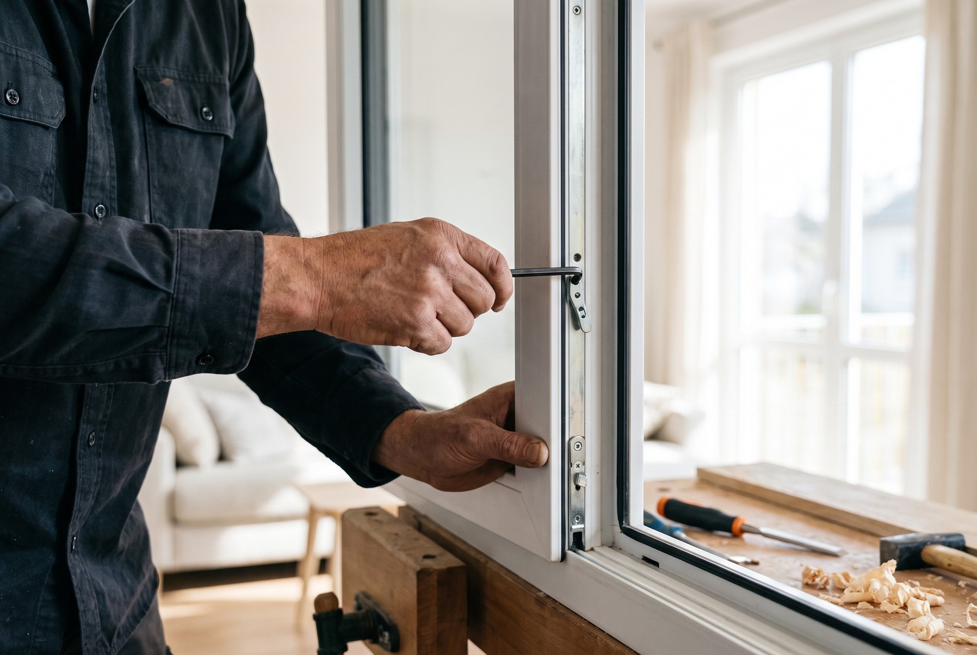 Monteur stellt den Beschlag eines Fensters ein